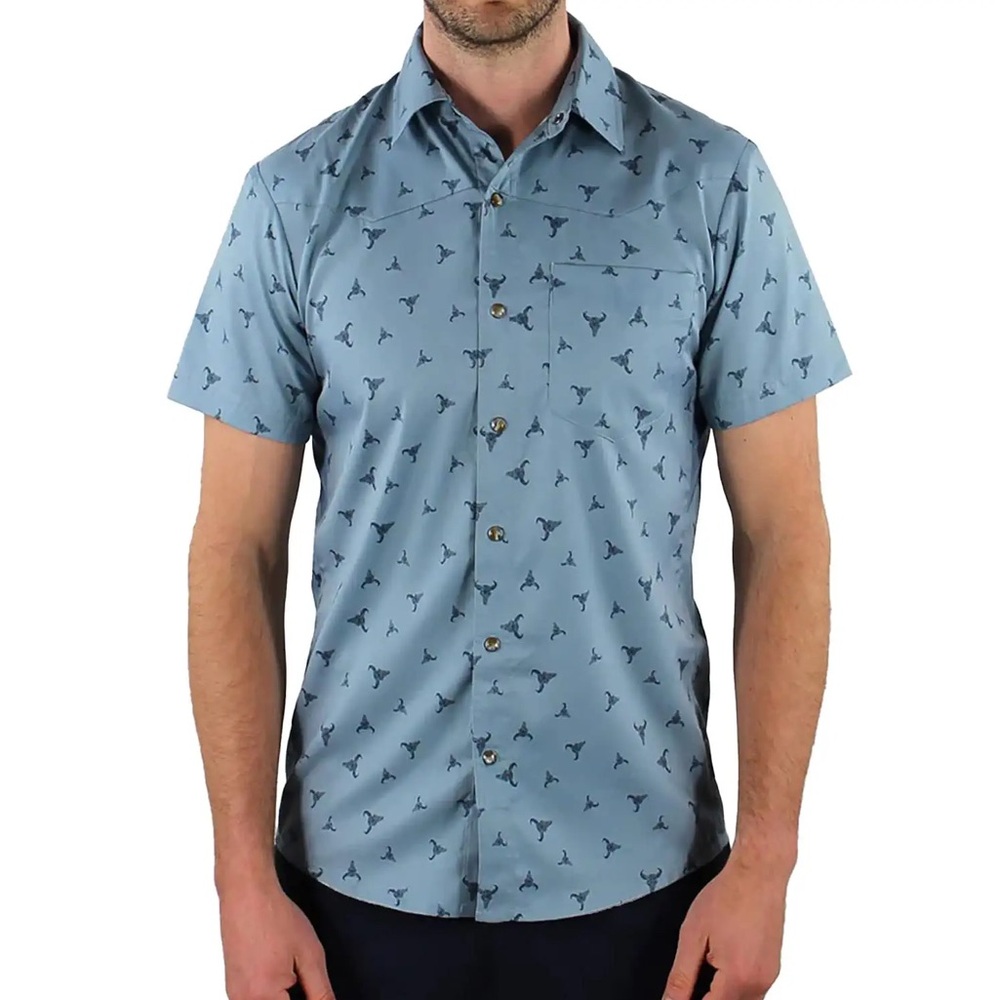 Club Ride Apparel Men’s New West Cycling Snap Button Shirt Bull Print Blue XL
